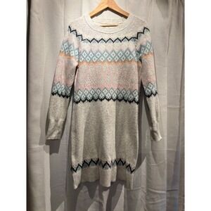 Fair Isle Knit Sweater Dress Grey Pastel Pink Blue Long Sleeve Crew Neck Mini